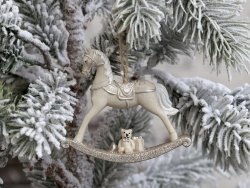 Julgransdekoration hängande gunghäst grå beige Chic Antique