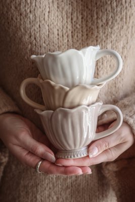 Mugg Blomstra vit, cloud, sand keramik blomblad från Majas Cottage
